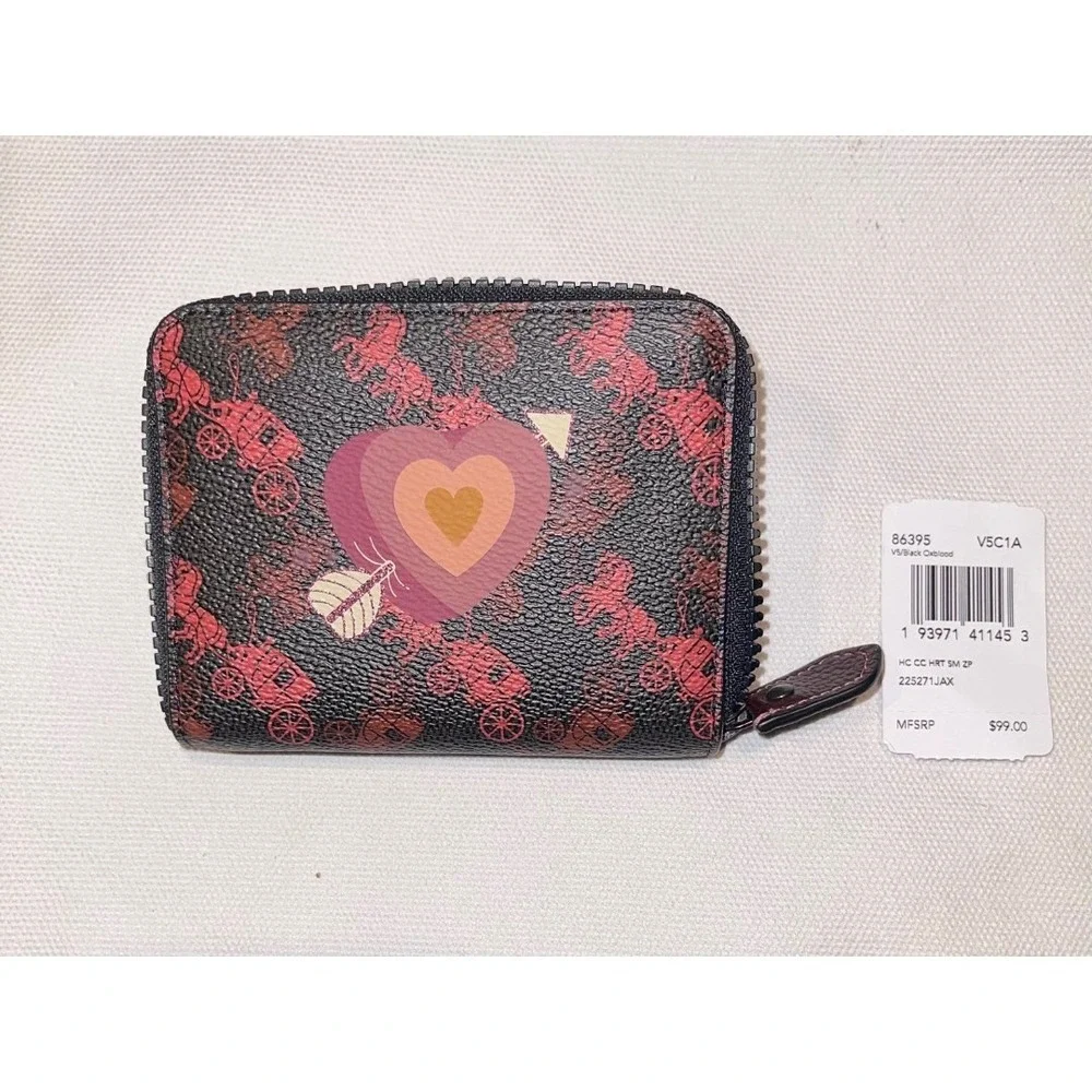COACH Small Zip Around Wallet With Horse And Carriage Print And Heart NWT